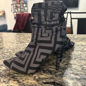 Fashion Nova Black and Gray Heeled Boots with Geometric Pattern